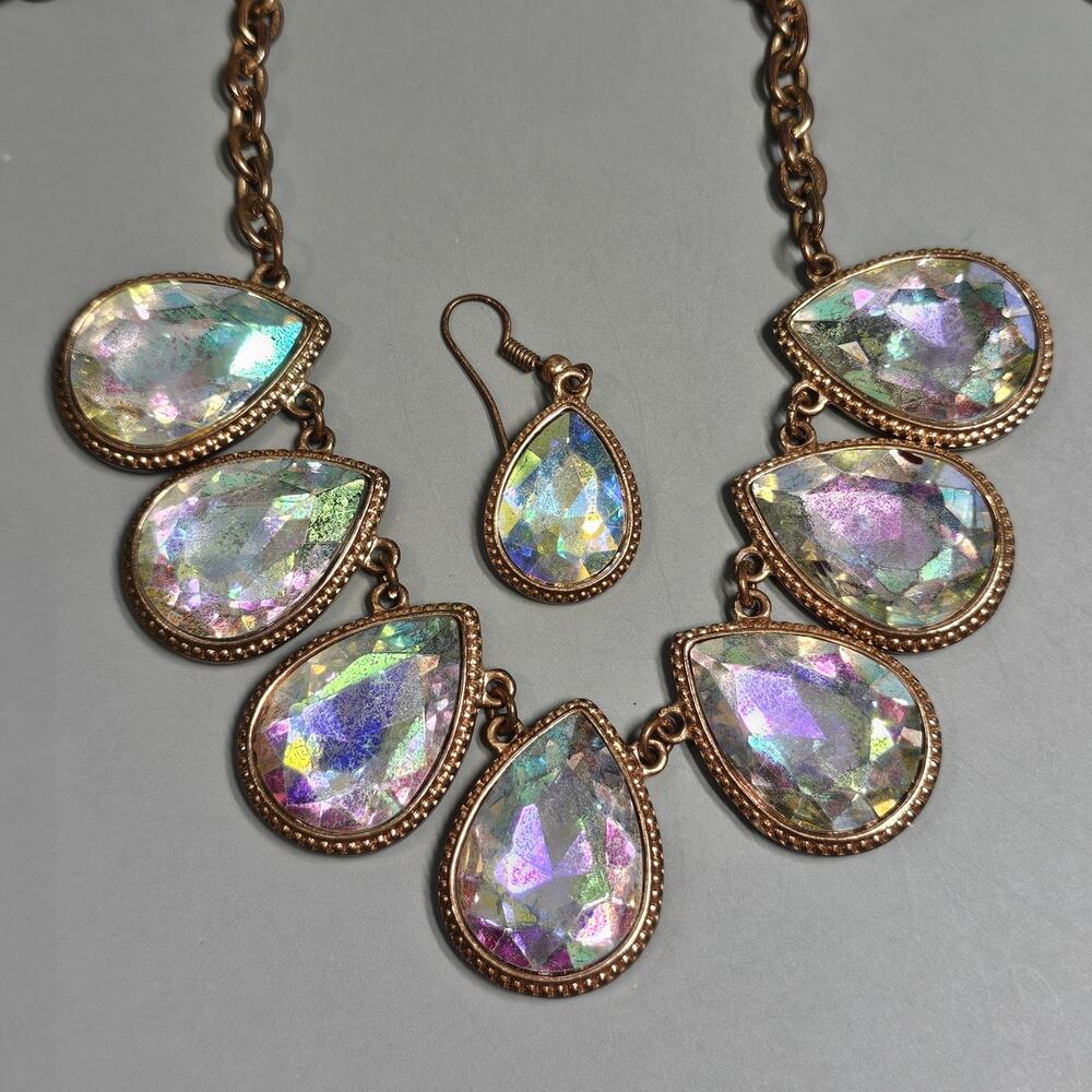 AB Iridescent Teardrop Rhinestone Statement Necklace Goldtone Single Earring